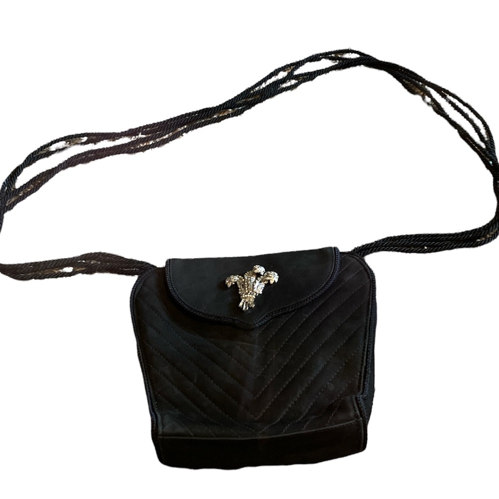 Kenneth Jay Lane vintage black suede bag with rhinestone embellishment